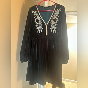 Green Velvet Dress with White Embroidery boho holiday dress